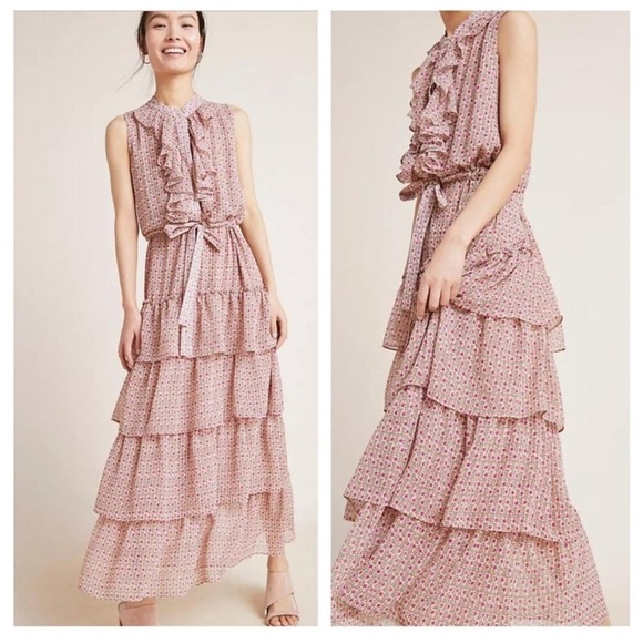 MISA LOS ANGELES Julez Maxi Dress Floral Ruffle in Tan Pink - Size S - Picture 1 of 8